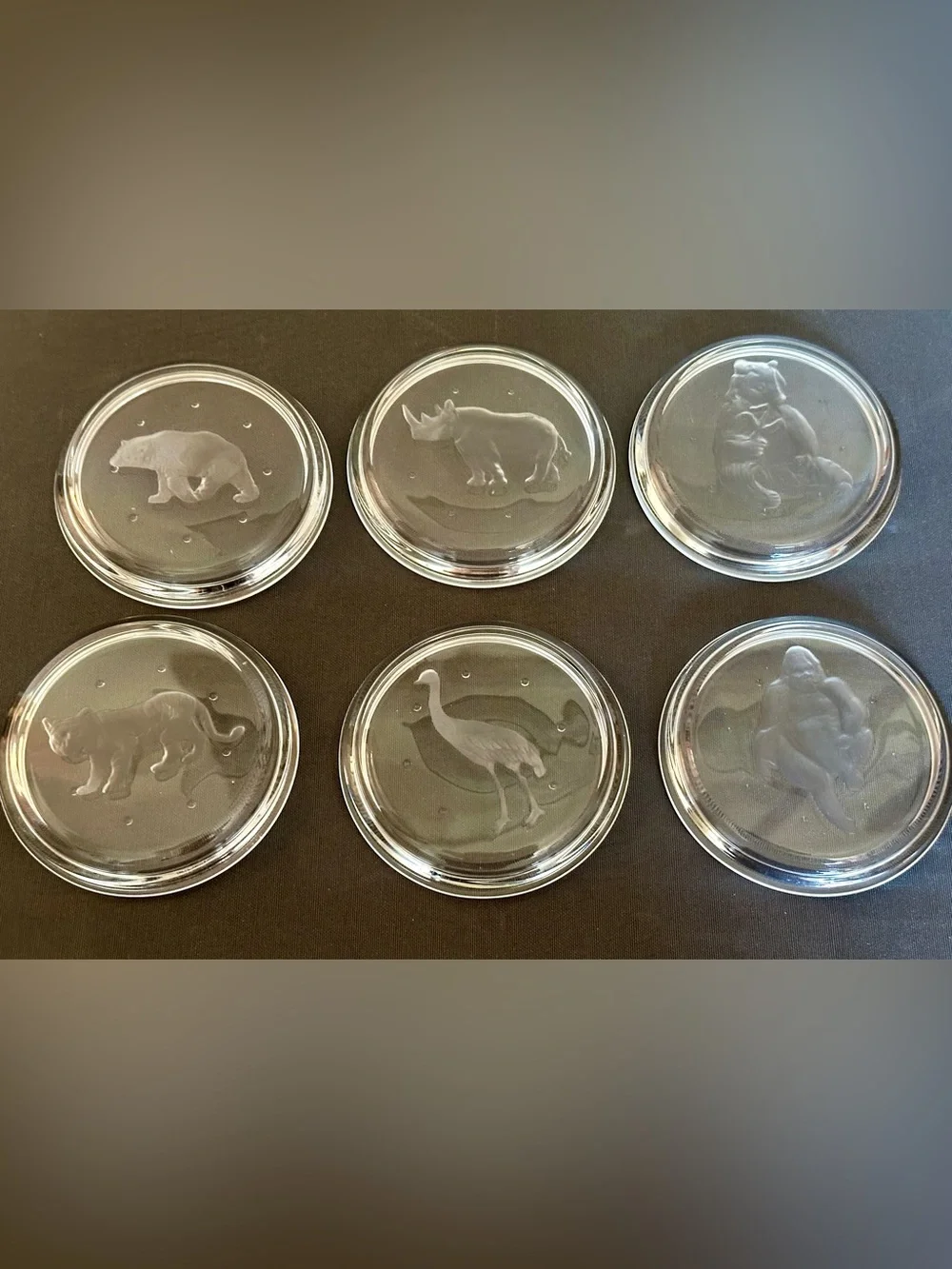 Val St Lambert Crystal Coasters Set 6 Endangered Wildlife Animals Frosted VTG